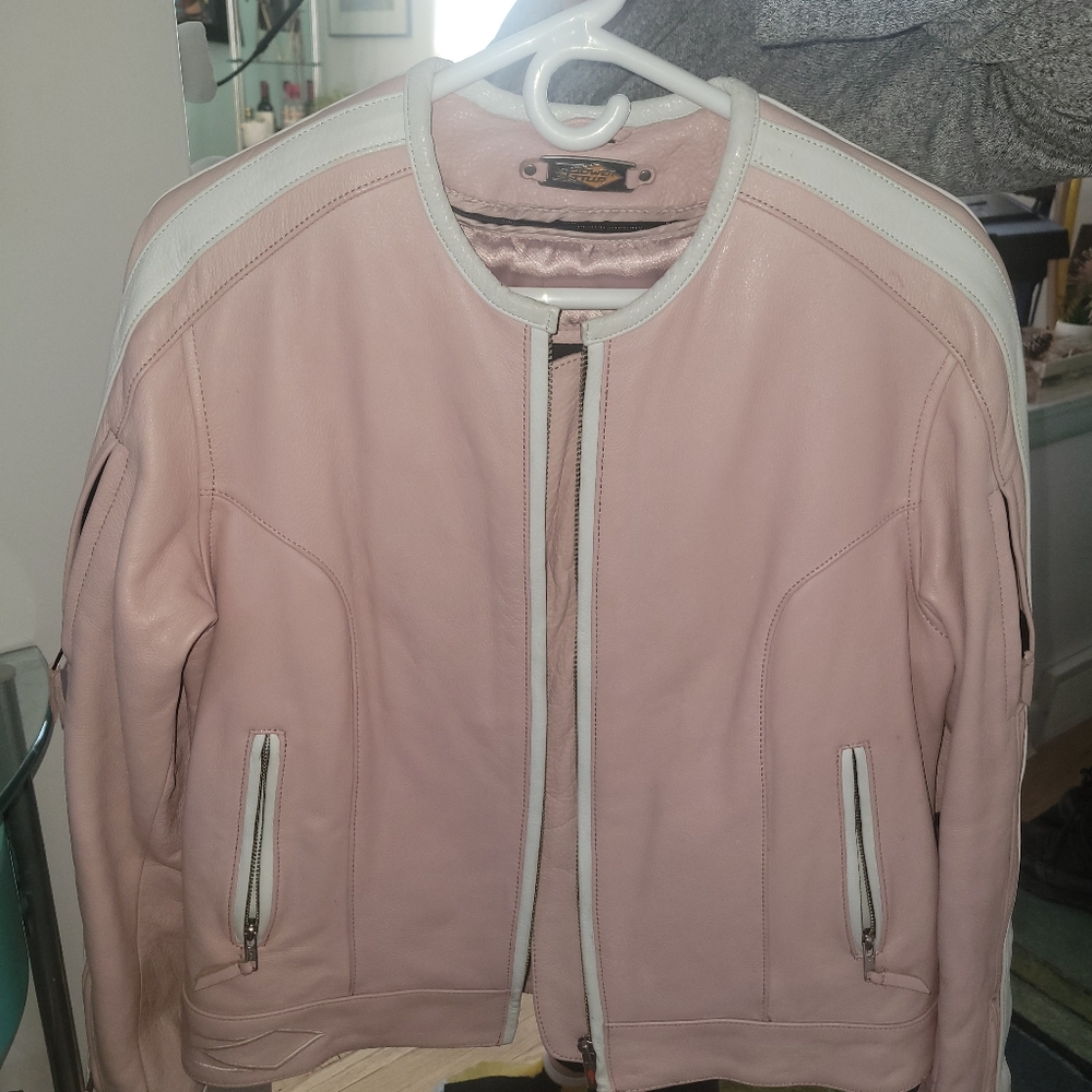 Harley-Davidson Pink and White Leather Jacket with Sporty Design